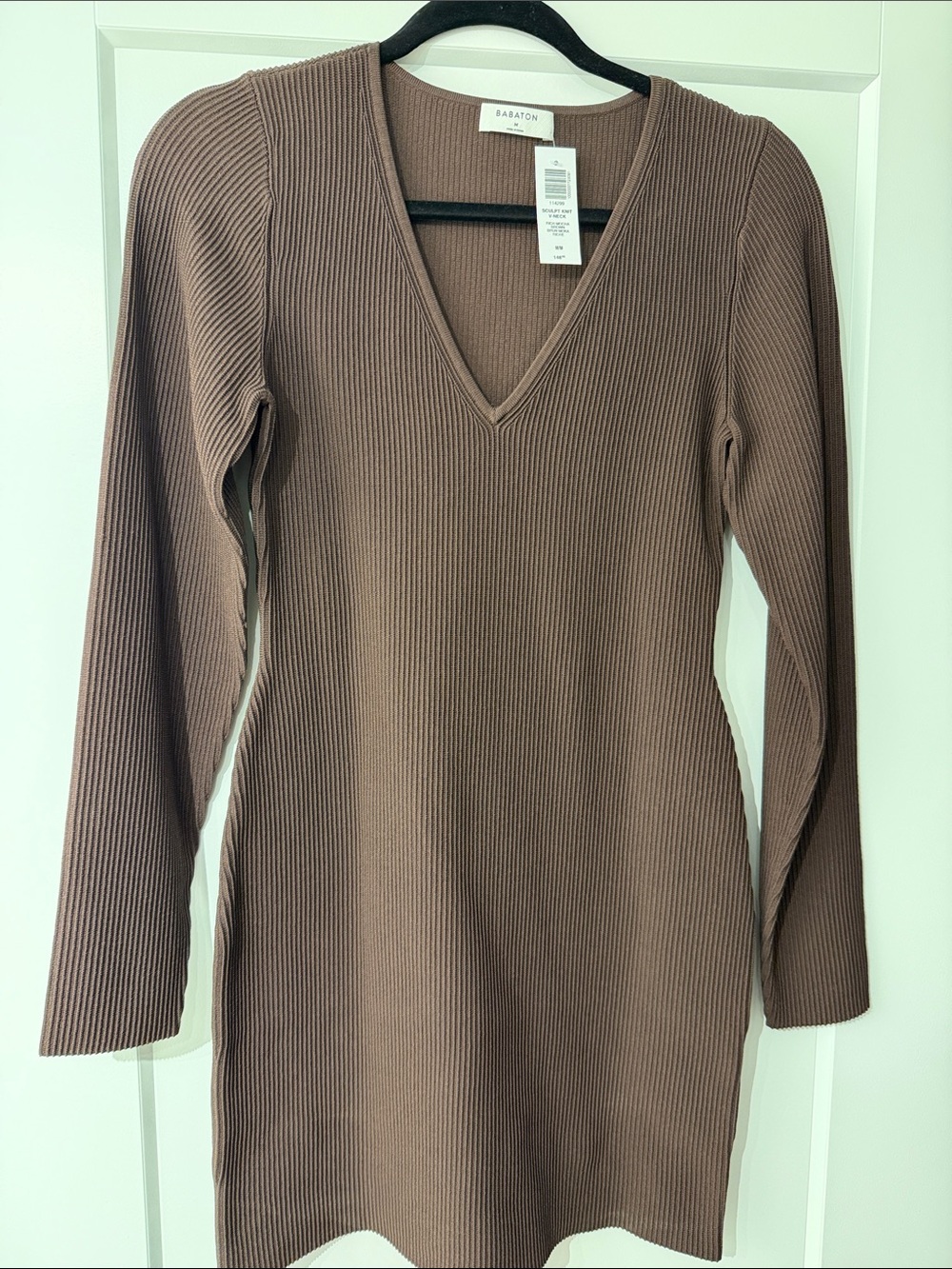 Babaton Ribbed V-Neck Long Sleeve Dress in Taupe